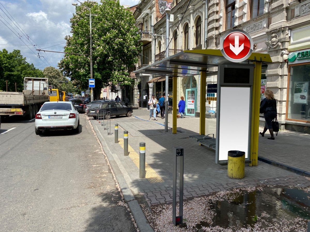 Зупинка формат 0,77х1,58(перф) №240605 в городе Дніпро (Дніпропетровська область) Зупинка №240605 в місті Дніпро (Дніпропетровська область), розміщення зовнішнішньої реклами, IDMedia-оренда найнижчі ціни!